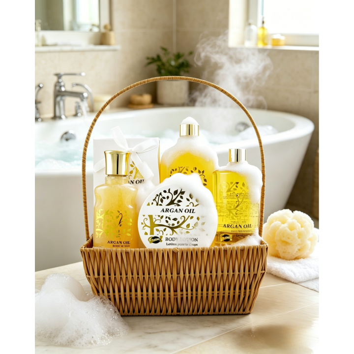 Coffret beauté de bain - Incluant un panier -  Huile Argan