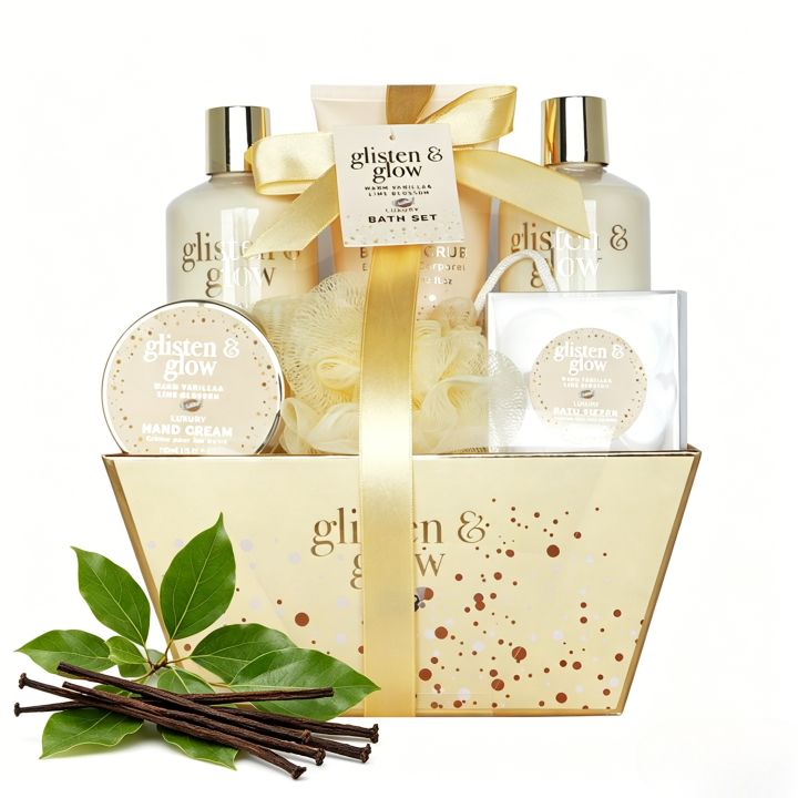 Coffret de bain corbeille au parfum délicat vanille tilleul - 9pcs