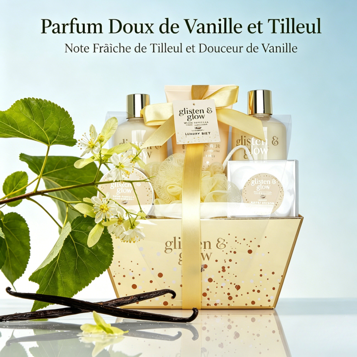 Coffret de bain corbeille au parfum délicat vanille tilleul - 9pcs