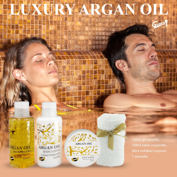 Coffret De Bain Pour Femme - Cage noir en métal incluant une serviette pour le visage - Huile Argan