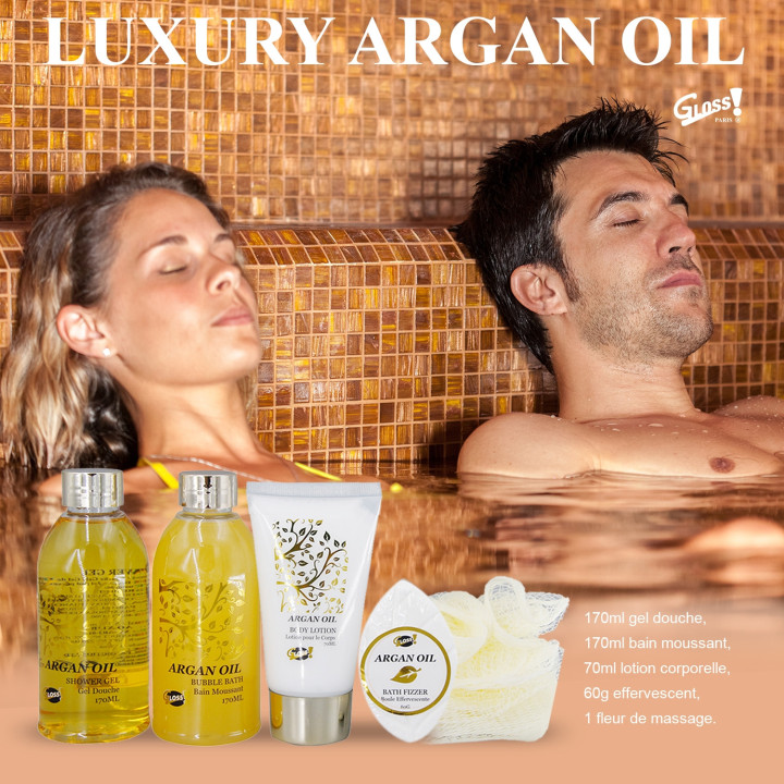 Coffret beauté de bain incluant un pot en bois - Huile Argan