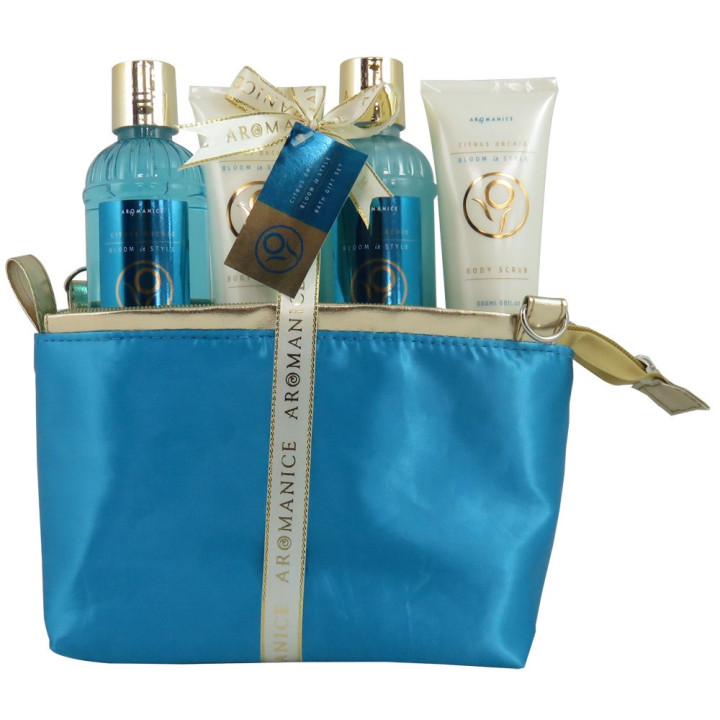 Coffret de Bain - Trousse bleu et dorée - Agrumes et Orchidée